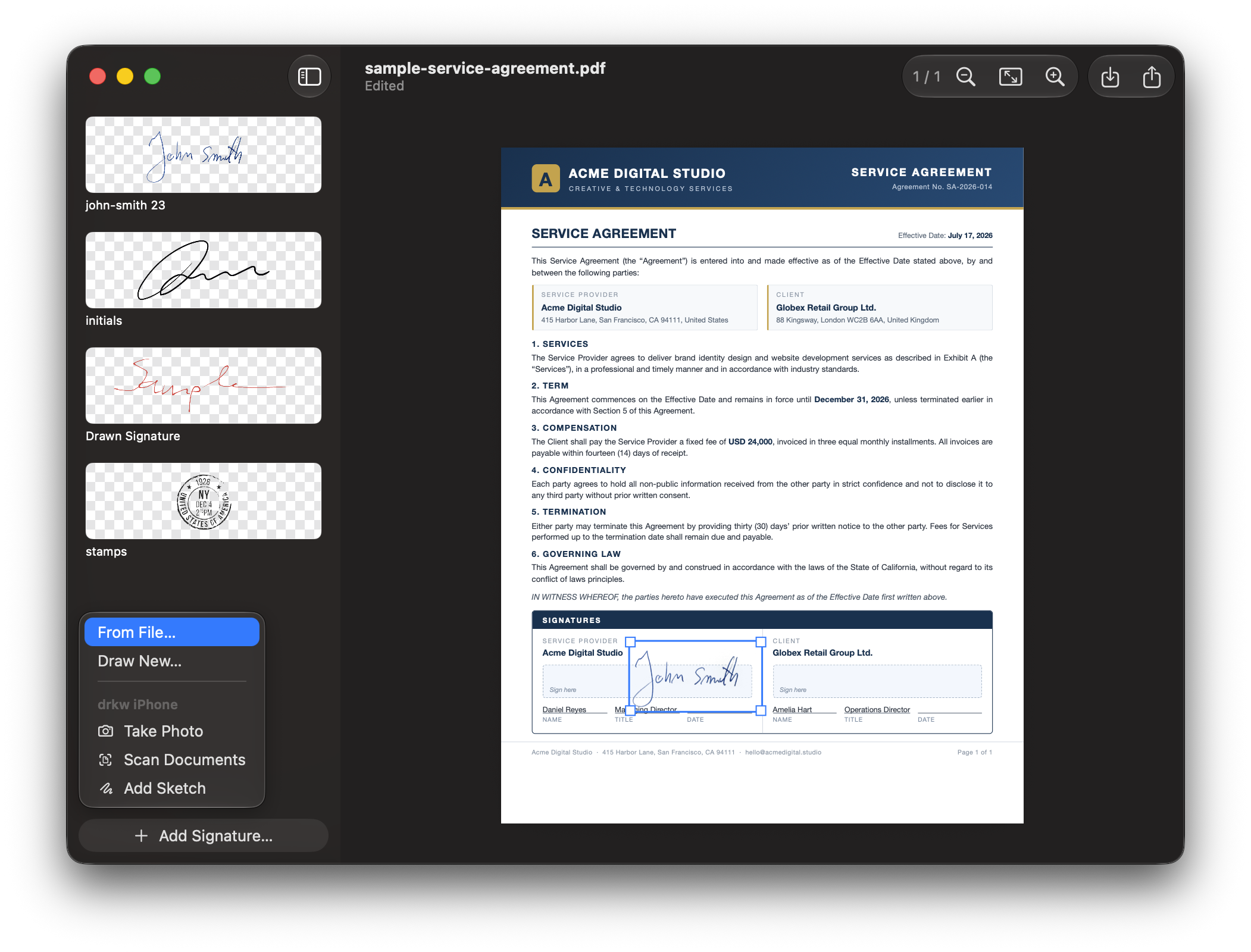 PDF Signery window in dark mode: a service agreement PDF with a signature being placed, signature library in the sidebar