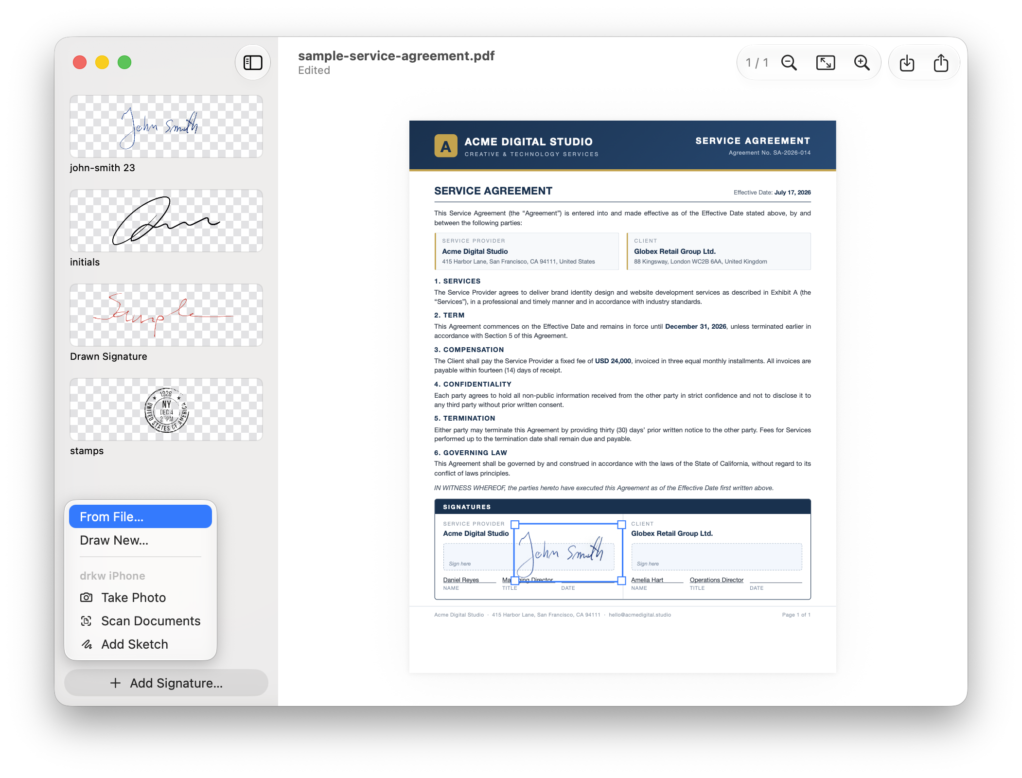 PDF Signery window: a service agreement PDF with a signature being placed, signature library in the sidebar